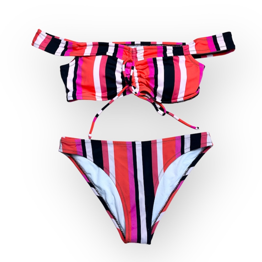 Stripe Pink Orange White Black Bikini Drop Shoulder Strap Ruche Front Women's S